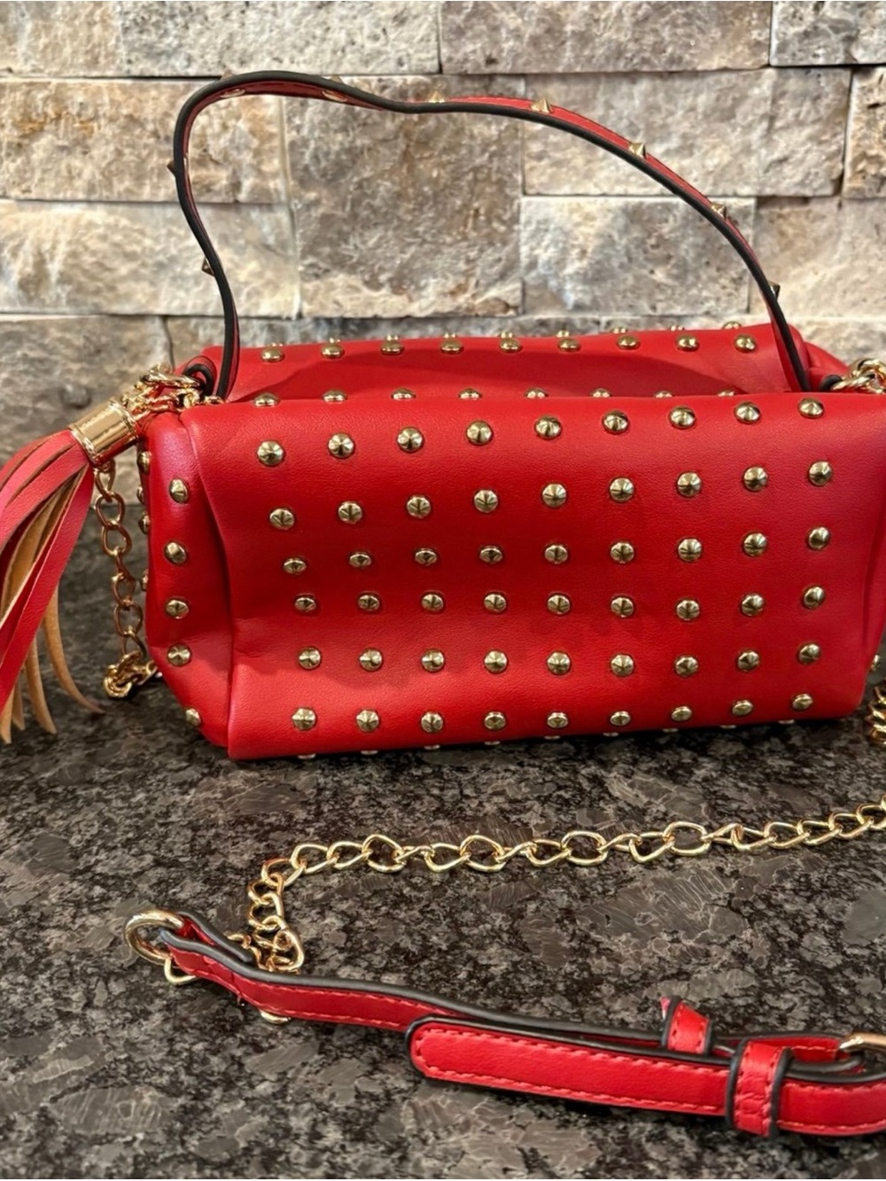 Red Studded Leather Shoulder Bag